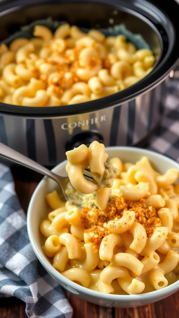 A delicious bowl of creamy macaroni and cheese with breadcrumbs, next to a slow cooker filled with more cheesy pasta.